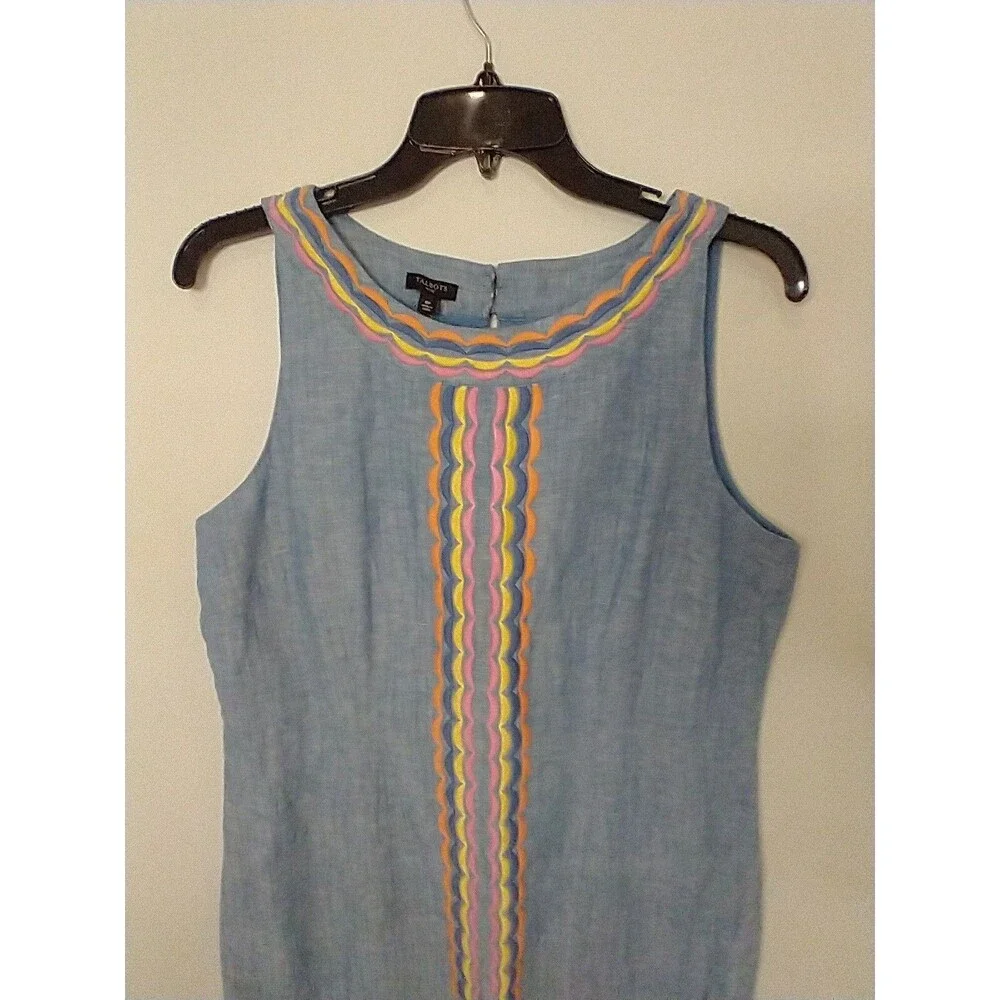Talbots Linen Embroidered  Knee Length Dress 8p Blue Boho Beachy Cottagecore - Picture 2 of 8